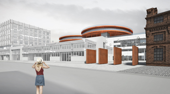 Concept of the public and office campus on the roof of Production Facility B on the territory of Sevkabel Port. View from the Kozhevennaya Line