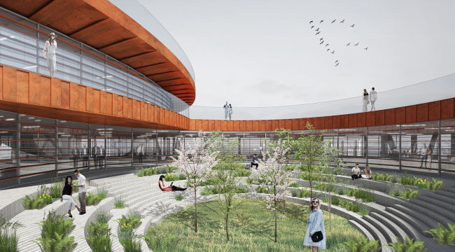 Concept of the public and office campus on the roof of Production Facility B on the territory of Sevkabel Port. The inner office yard