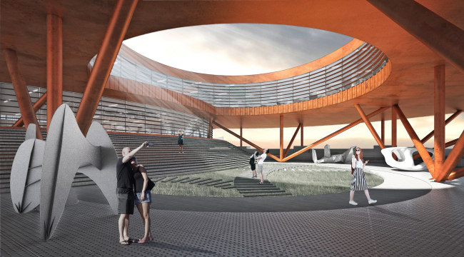 Concept of the public and office campus on the roof of Production Facility B on the territory of Sevkabel Port. The yard, entrance