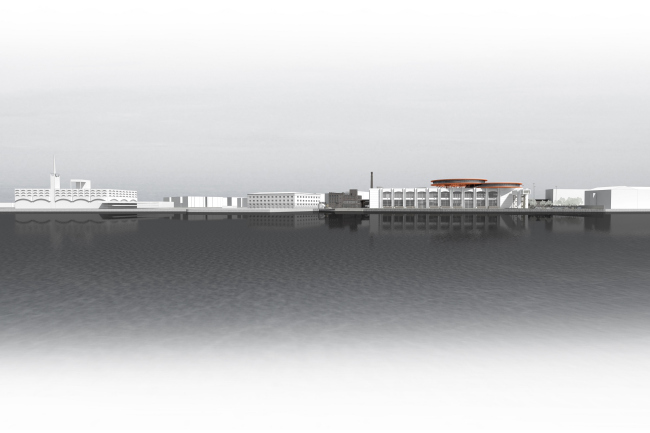 Concept of the public and office campus on the roof of Production Facility B on the territory of “Sevkabel Port”. The sea facade