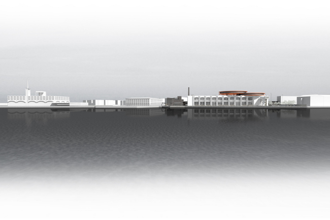 Concept of the public and office campus on the roof of Production Facility B on the territory of “Sevkabel Port”. The sea facade