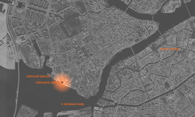 Concept of the public and office campus on the roof of Production Facility B on the territory of “Sevkabel Port”. Location plan