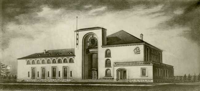 Новгородский вокзал. Вид с вокзальной площади. Рисунок И.Г. Явейна, 1946 г.