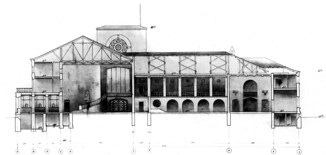 Новгородский вокзал, продольный разрез. Рисунок И.Г. Явейна, 1948 г.