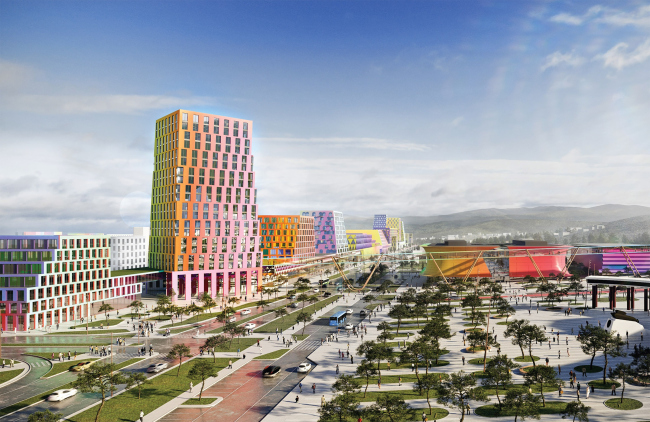 The concept of architectural and town planning development of the city of Yuzhno-Sakhalinsk. View of the Victory Square and the Gorky Street