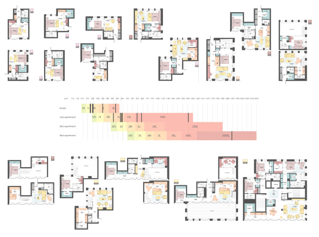 Snail Apartments housing complex. Apartment plans