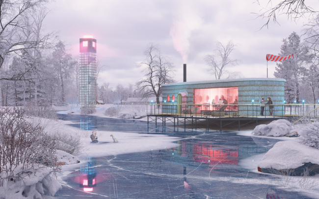 Concept of a tourist cluster in the settlement of Oymyakon. Restaurant