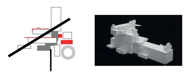 Left: the suprematist composition on the theme of the project. Right: Malevich′s Architecton
