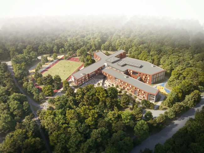 The school for 2,100 students in Troitsk. Top view from the side of the Oktyabrsky Avenue