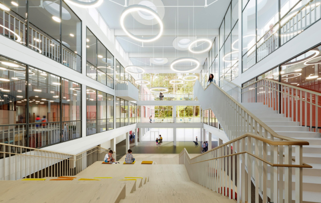 The school for 2,100 students in Troitsk. The amphitheater in the atrium