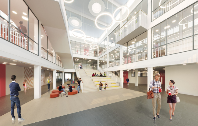 The school for 2,100 students in Troitsk. The multi-height atrium