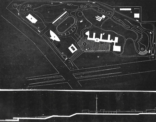 Генеральный план Дворца пионеров. Вариант 1960 года и продольный разрез территории, демонстрирующий трехчастный каскад рельефа