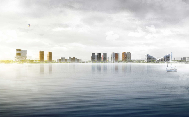 Panorama from the opposite shore of the lake. Zurbagan housing complex. Concept of territory development in Voronezh, 2018-2020