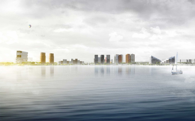 Panorama from the opposite shore of the lake. “Zurbagan” housing complex. Concept of territory development in Voronezh, 2018-2020
