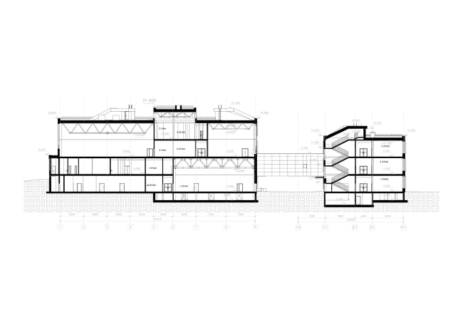 The school for 2,100 students in Troitsk. A section view