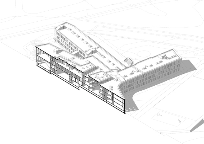 The school for 2,100 students in Troitsk. A section view