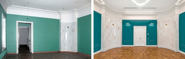 Interior of the central room on the first floor. Left: view before 2016. Right: view after the restoration. The Sytin House restoration project.