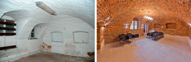 The vaults of the XVII century. Left: view before 2016. Right: view after the restoration. The Sytin House restoration project.