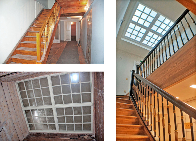 The central staircase and the skylight. Left: view before 2016. Right: view after the restoration. The Sytin House restoration project.