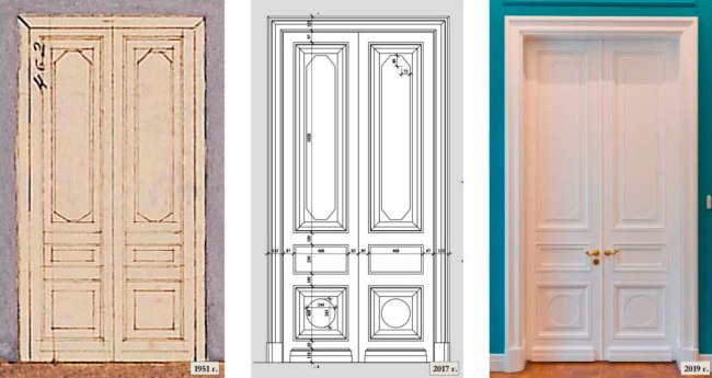 The double door in the grand rooms. Left: view before 2016. Right: view after the restoration. The Sytin House restoration project.
