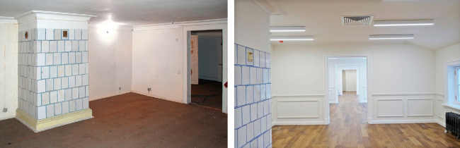 The attic floor. Left: view before 2016. Right: view after the restoration. The Sytin House restoration project.