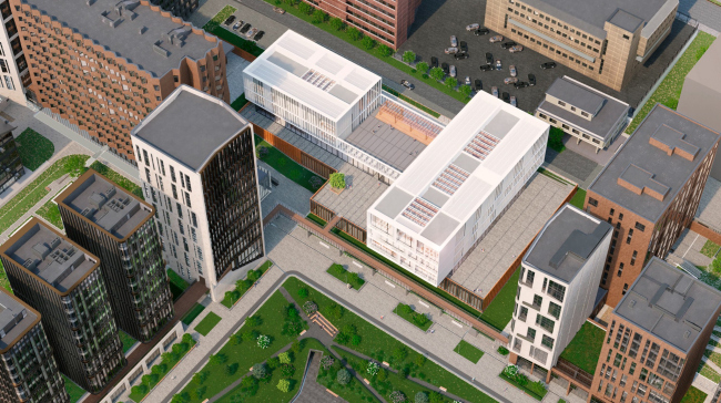 Top view from the side of the central zone of Garden Quarters. The Novy Vzglyad school as part of Garden Quarters, 2020