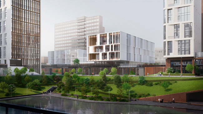 View from the central zone of garden Quarters. The Novy Vzglyad school as part of Garden Quarters, 2020