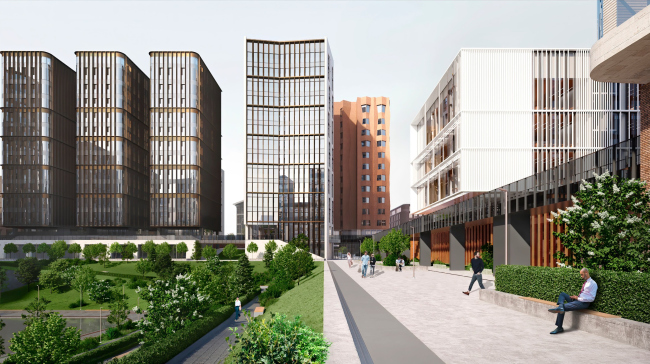 View from the central zone, from the first quarter. The Novy Vzglyad school as part of Garden Quarters, 2020