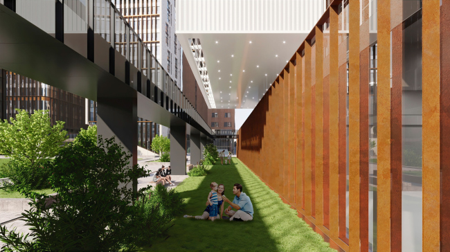 View along the road to svhool (the road to school is on the left). The Novy Vzglyad school as part of Garden Quarters, 2020