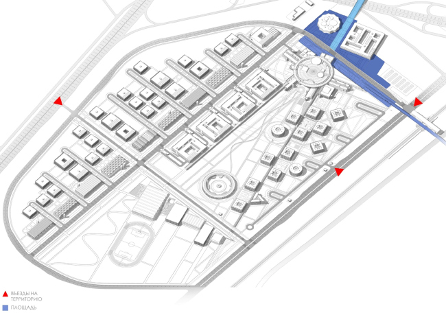 Campus of the ITMO university. The dark blue shows the square before the academic building and the square of the fifth stage between the business incubator and the urban planning center; the light blue is the pedestrian bridge; the red is the driving entr