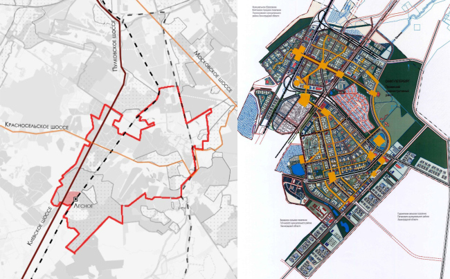 Campus of the ITMO university. Left: location plan. Right: the master plan of the Town of Yuzhny