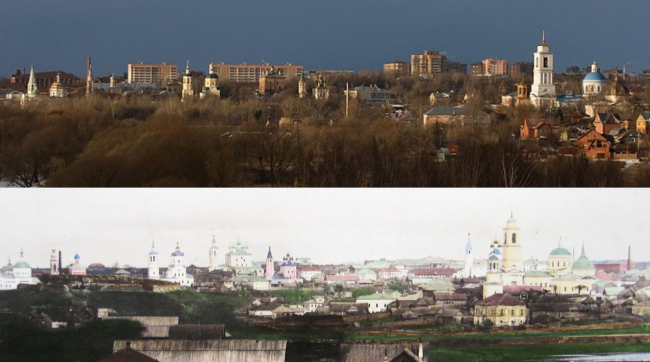 Серпухов: внизу историческая панорама, вверху современная 