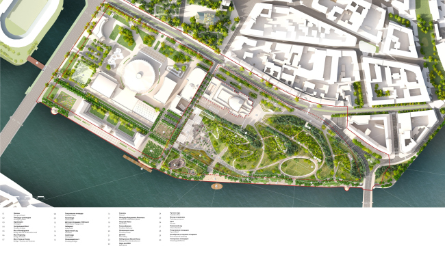 The master plan and the explication. The competition proposal of the romantic park Tuchkov Buyan in Saint Petersburg