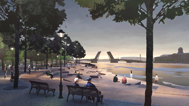 One of the key narratives of the project  watching the sunsets on the river and watching the city from numerous angles. Romantic park “Tuchkov Buyan”