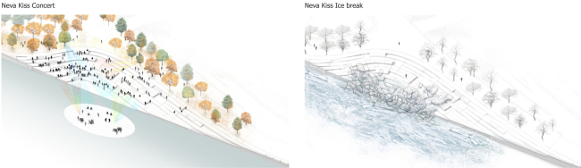 The Neva′s Kiss amphitheater. Romantic park Tuchkov Buyan