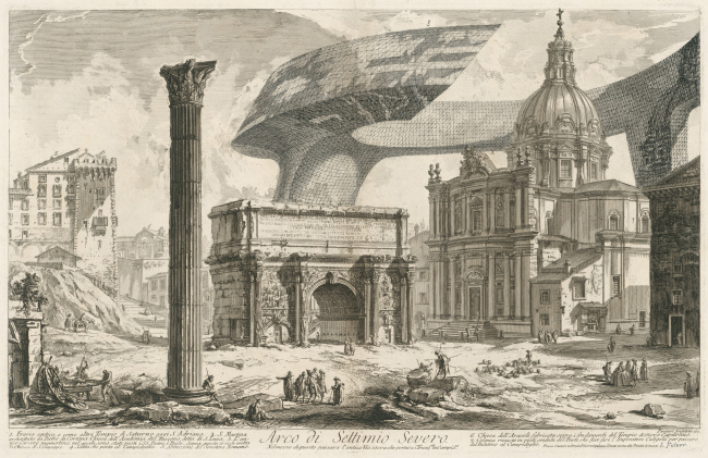 The Imprint of the Future. Architectural fantasy inspired by Piranesi etching Arco di Settimio Severo