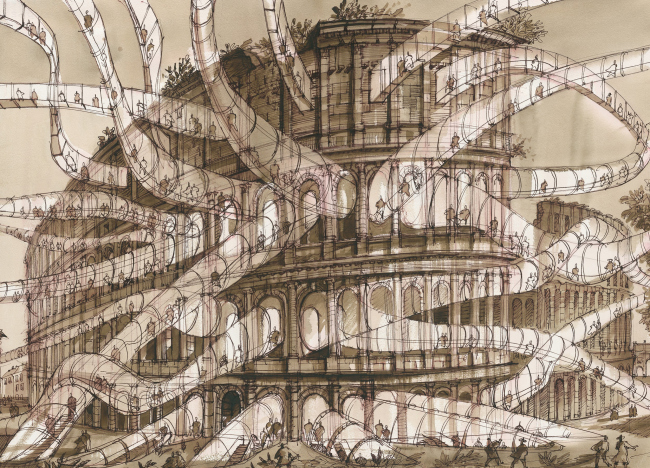 The Imprint of the Future. Architectural fantasy inspired by Piranesi etching "Veduta dell′Anfiteatro Flavio, detto il Colosseo"