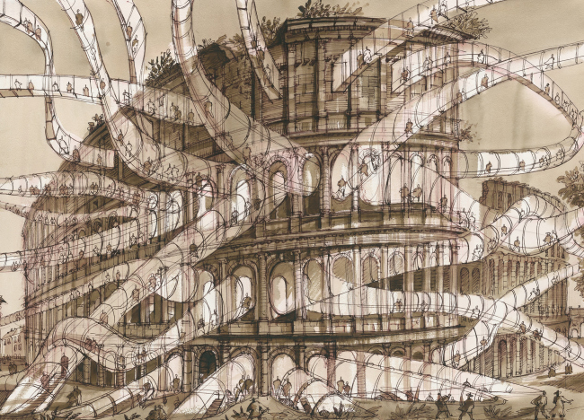 The Imprint of the Future. Architectural fantasy inspired by Piranesi etching "Veduta dell′Anfiteatro Flavio, detto il Colosseo"