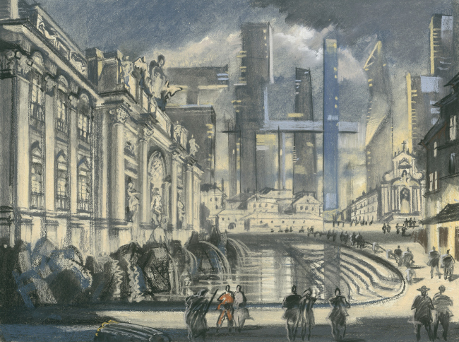 The Imprint of the Future. Architectural fantasy inspired by Piranesi etching The Trevi Fountain