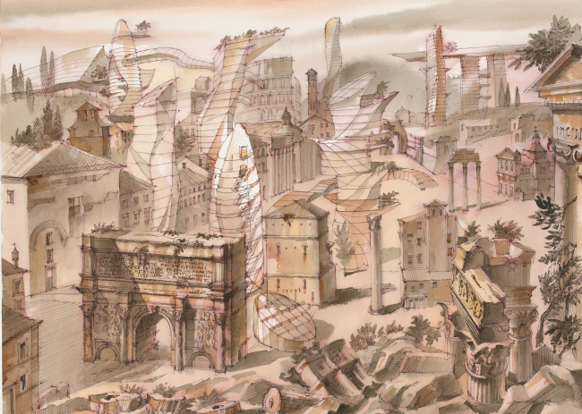The Imprint of the Future. Architectural fantasy inspired by Piranesi etching Veduta di Campo Vaccino