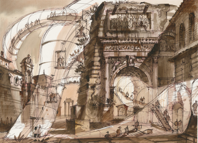 The Imprint of the Future. Architectural fantasy inspired by Piranesi etching “Veduta dell′Arco di Tito”