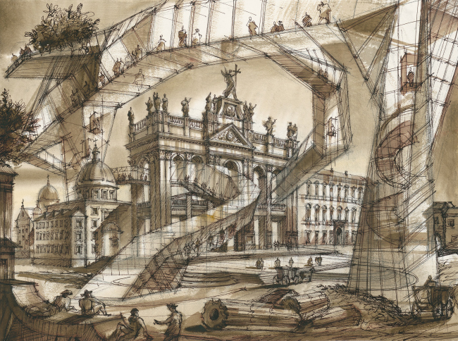 The Imprint of the Future. Architectural fantasy inspired by Piranesi etching "Veduta della Basilica di S. Giovanni Laterano"