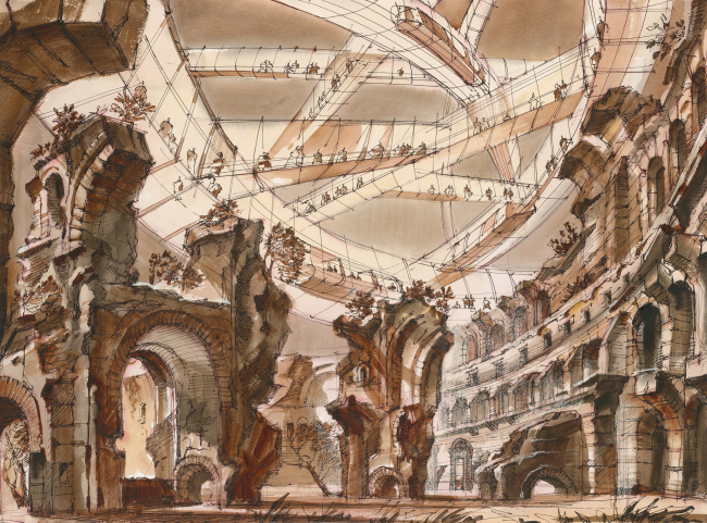 The Imprint of the Future. Architectural fantasy inspired by Piranesi etching "Rovine del Sisto, o sia della gran sala delle Terme Antoniniane"