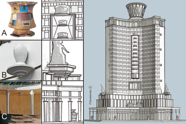 Рис. 3. Фасад башни «Известий» и его детали в сопоставлении с характерными элементами стилистики Ивана Леонидова.