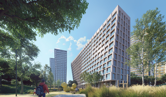 View from the yard to the low-rise building. AFI Park Vorontsovsky residential complex