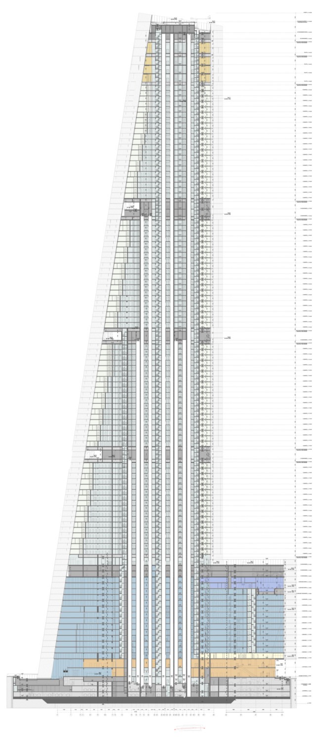 Многофункциональный высотный жилой комплекс в ММДЦ «Москва Сити», верхняя отметка здания 442,8 м, 2019 год. Разрез 1-1