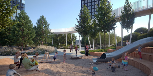 The housing complex High Life Letnikovskaya. The terraced bench and the sandbox