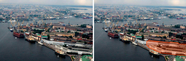 “Krasin” housing complex. Icebreaker “Krasin” (0), entrance to the Sea Canal (MK), hull-processing shop (1), mechanical shop (2), slipway A, large (3), independent thermoelectric power station “Akademik Lomonosov” on completi