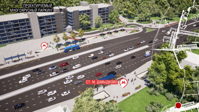 Under construction metro station Davydkovo. The site plan of the Gzhatskaya Street. Project visualization