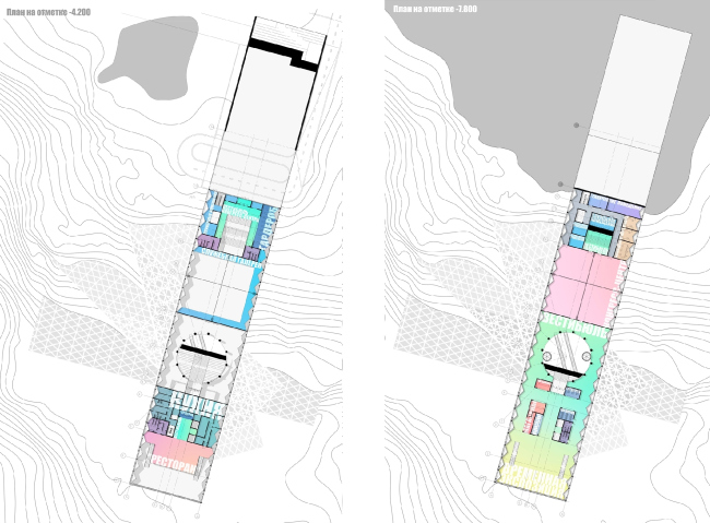 Планы на отметке -4.200 и -7.800 м. Архитектурная концепция музея современного искусства в Уфе